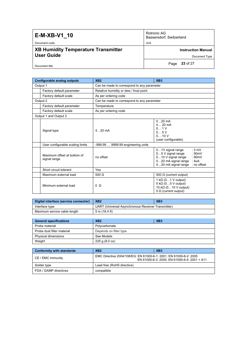 E-m-xb-v1_10, Xb humidity temperature transmitter user guide | ROTRONIC XB OEM User Manual | Page 23 / 27