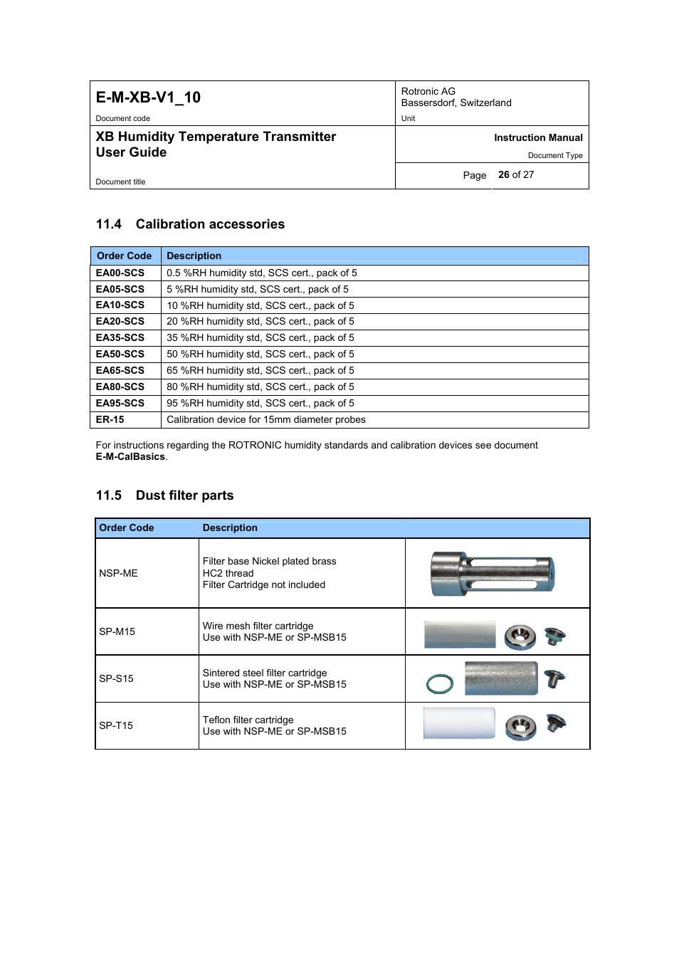 E-m-xb-v1_10, Xb humidity temperature transmitter user guide, 4 calibration accessories | 5 dust filter parts | ROTRONIC XB OEM User Manual | Page 26 / 27