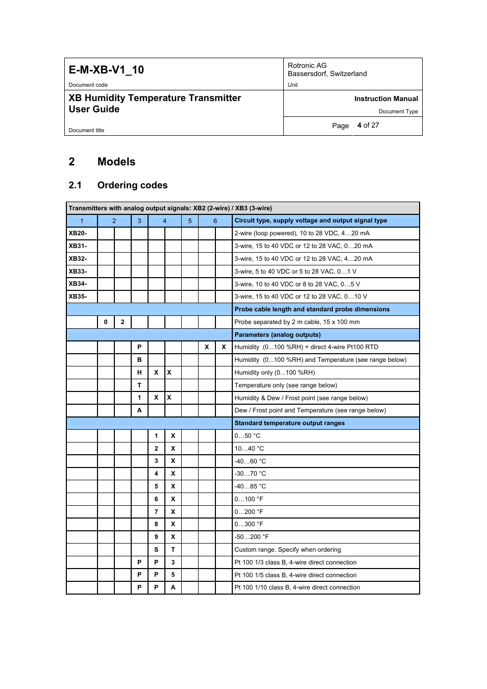 E-m-xb-v1_10, 2models, Xb humidity temperature transmitter user guide | 1 ordering codes | ROTRONIC XB OEM User Manual | Page 4 / 27