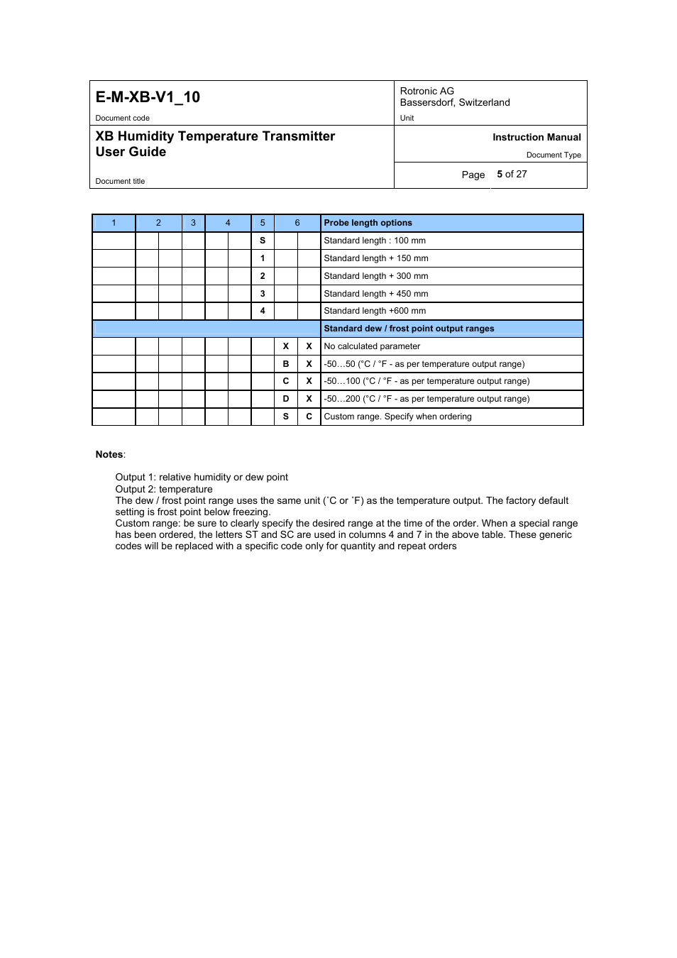 E-m-xb-v1_10, Xb humidity temperature transmitter user guide | ROTRONIC XB OEM User Manual | Page 5 / 27