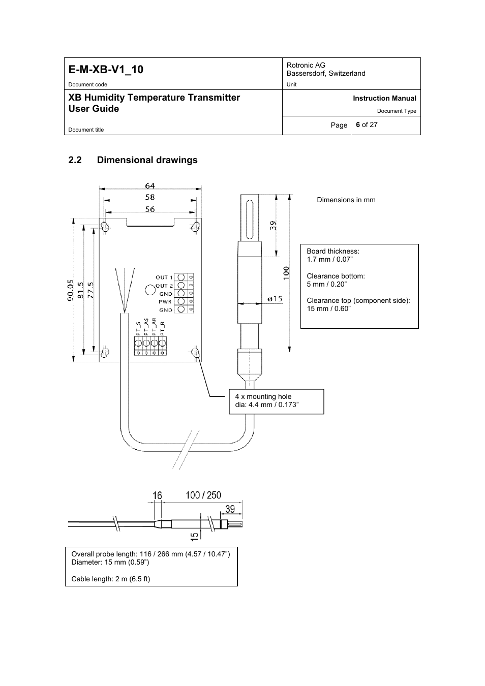 E-m-xb-v1_10, Xb humidity temperature transmitter user guide, 2 dimensional drawings | ROTRONIC XB OEM User Manual | Page 6 / 27