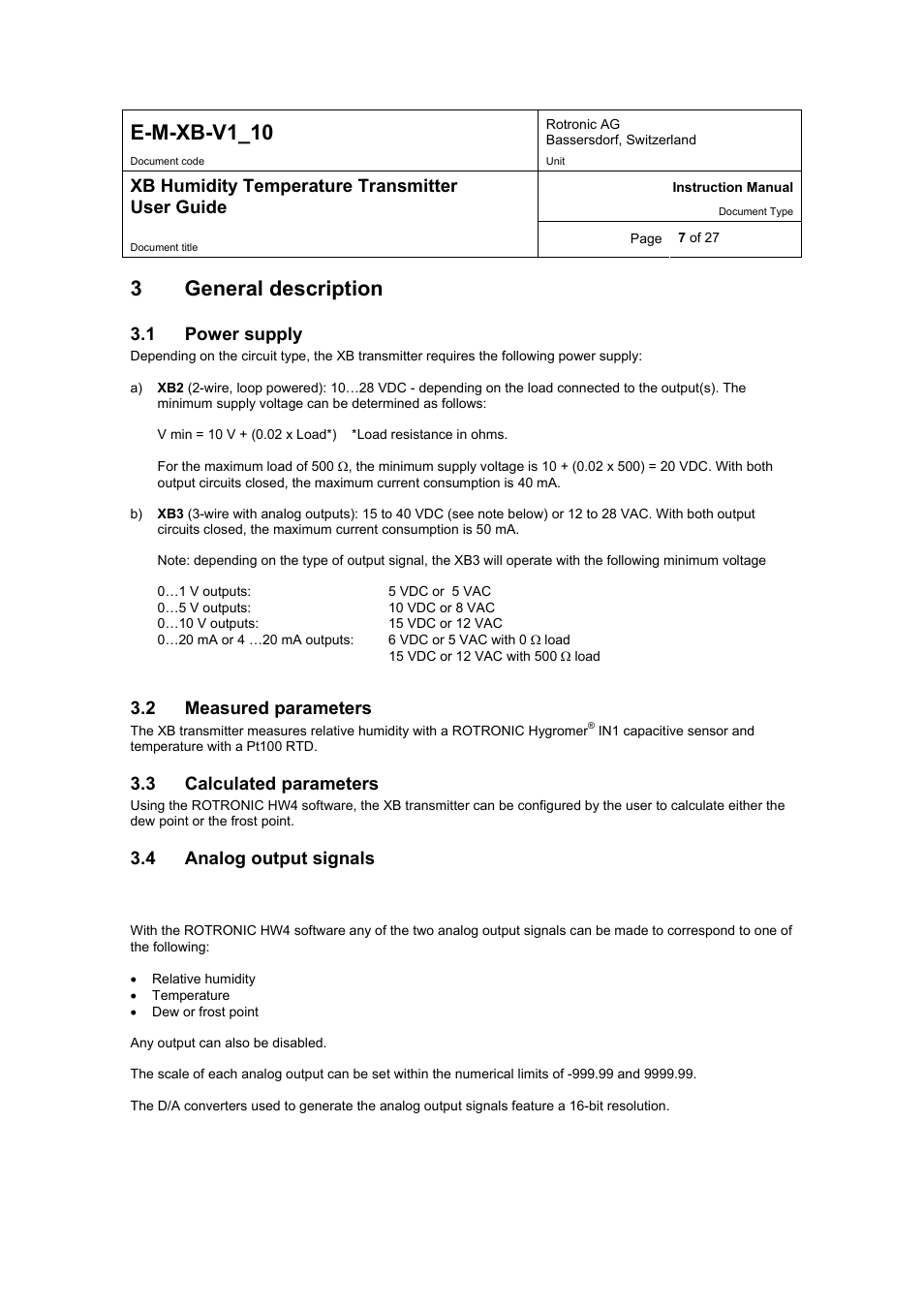 E-m-xb-v1_10, 3general description | ROTRONIC XB OEM User Manual | Page 7 / 27
