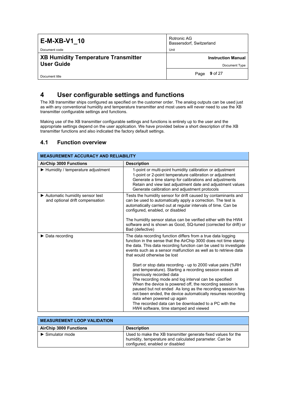E-m-xb-v1_10, 4user configurable settings and functions, Xb humidity temperature transmitter user guide | 1 function overview | ROTRONIC XB OEM User Manual | Page 9 / 27