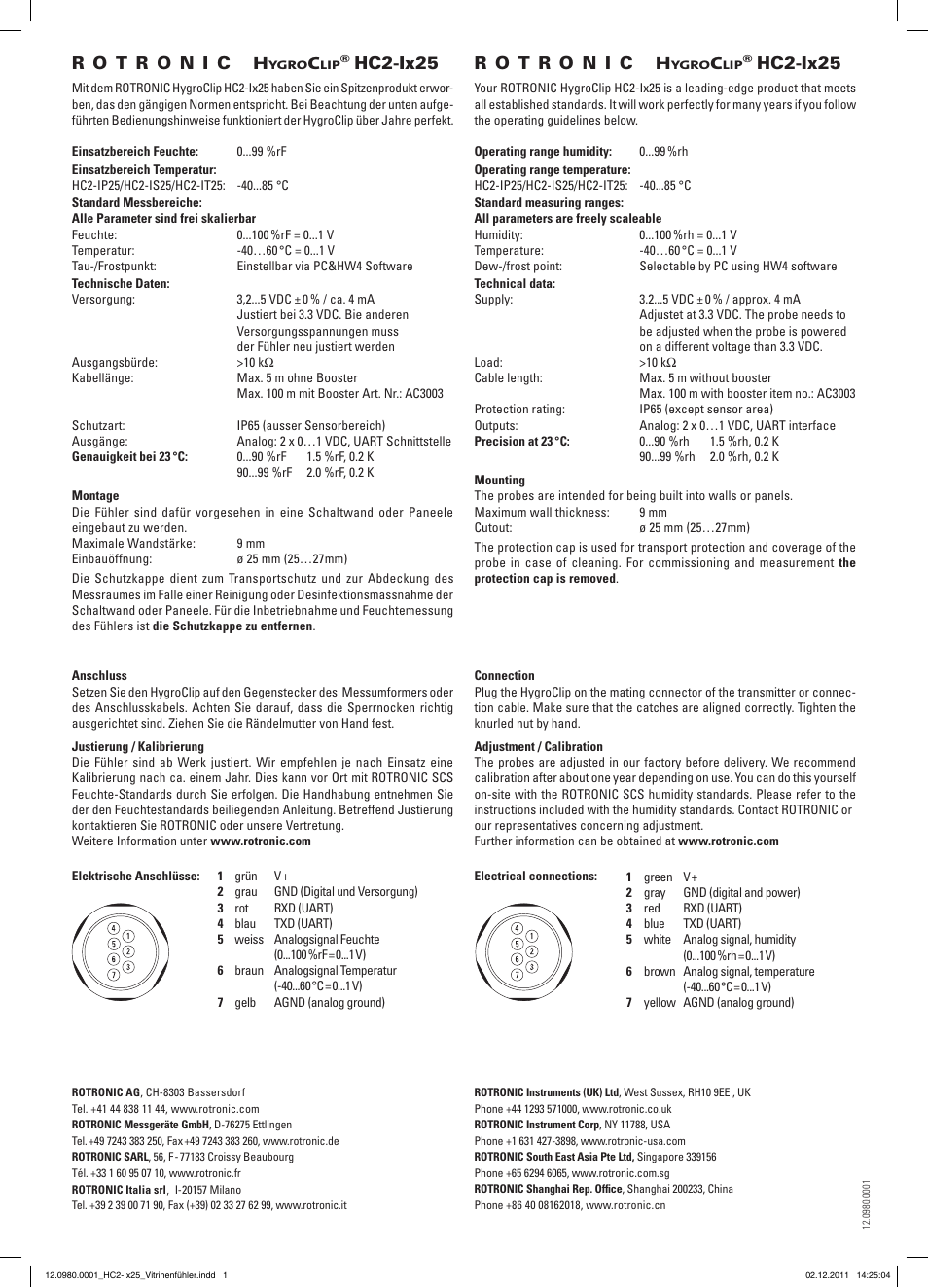 ROTRONIC HC2-Ix25 flush mount probe User Manual | 2 pages