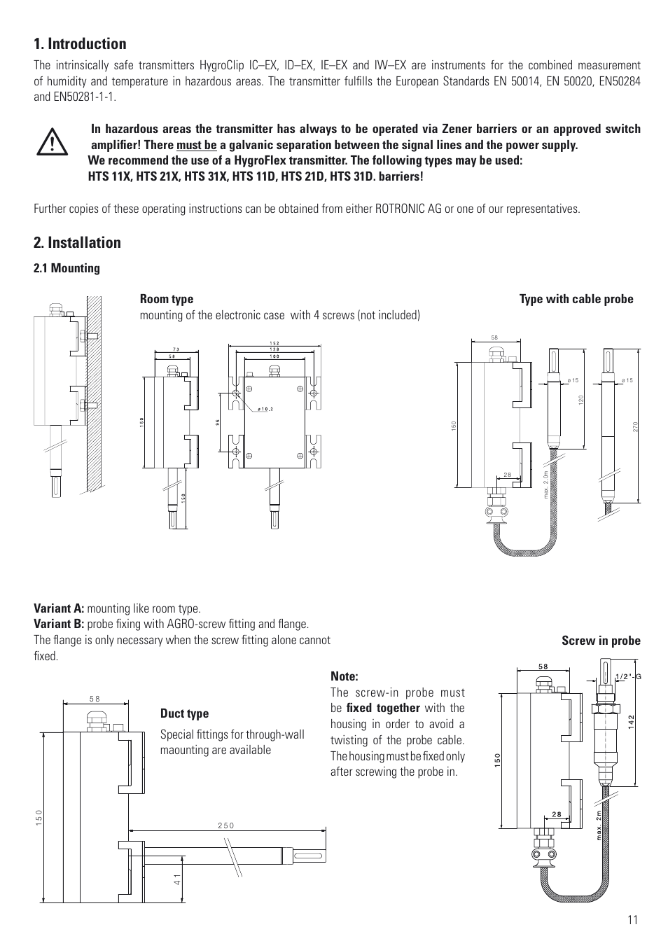 Introduction, Installation | ROTRONIC ATEX User Manual | Page 11 / 36