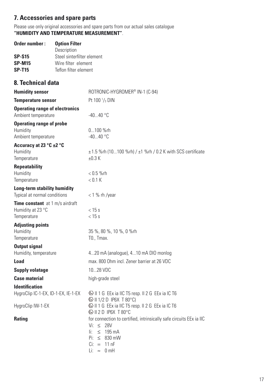 Accessories and spare parts, Technical data | ROTRONIC ATEX User Manual | Page 17 / 36