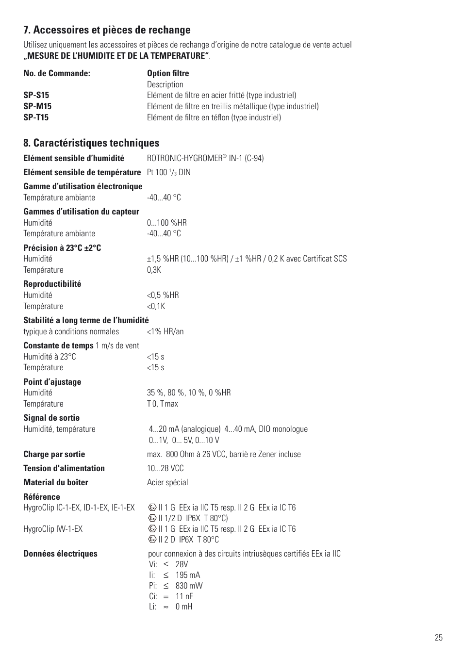 Accessoires et pièces de rechange, Caractéristiques techniques | ROTRONIC ATEX User Manual | Page 25 / 36