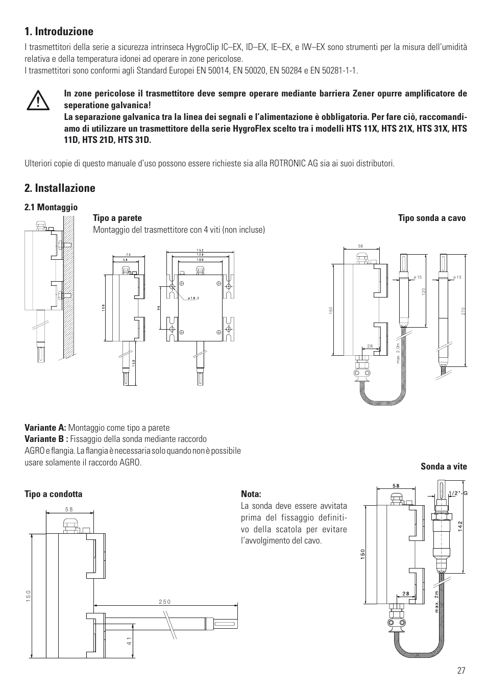 Introduzione, Installazione | ROTRONIC ATEX User Manual | Page 27 / 36