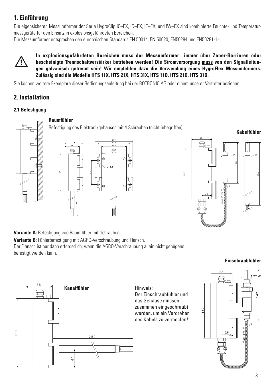 Einführung, Installation | ROTRONIC ATEX User Manual | Page 3 / 36