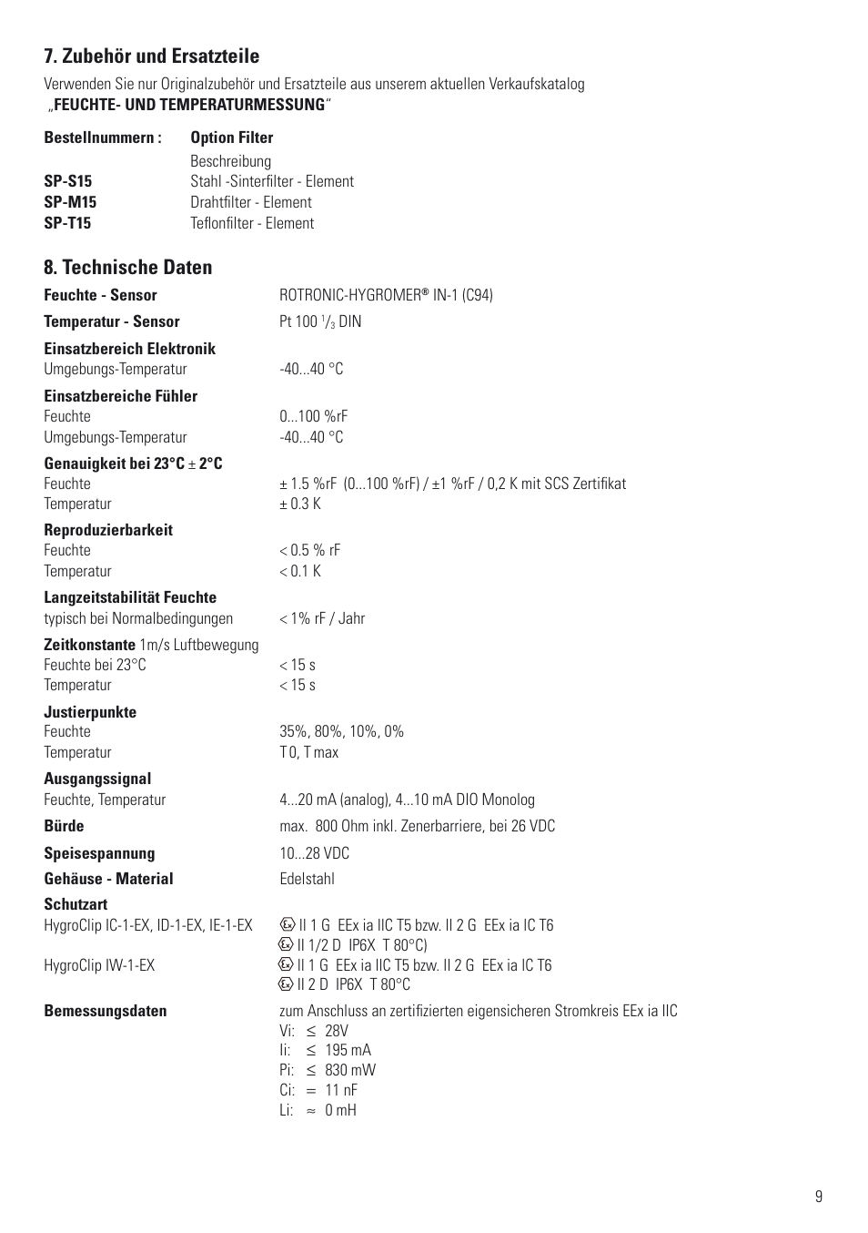 Zubehör und ersatzteile, Technische daten | ROTRONIC ATEX User Manual | Page 9 / 36