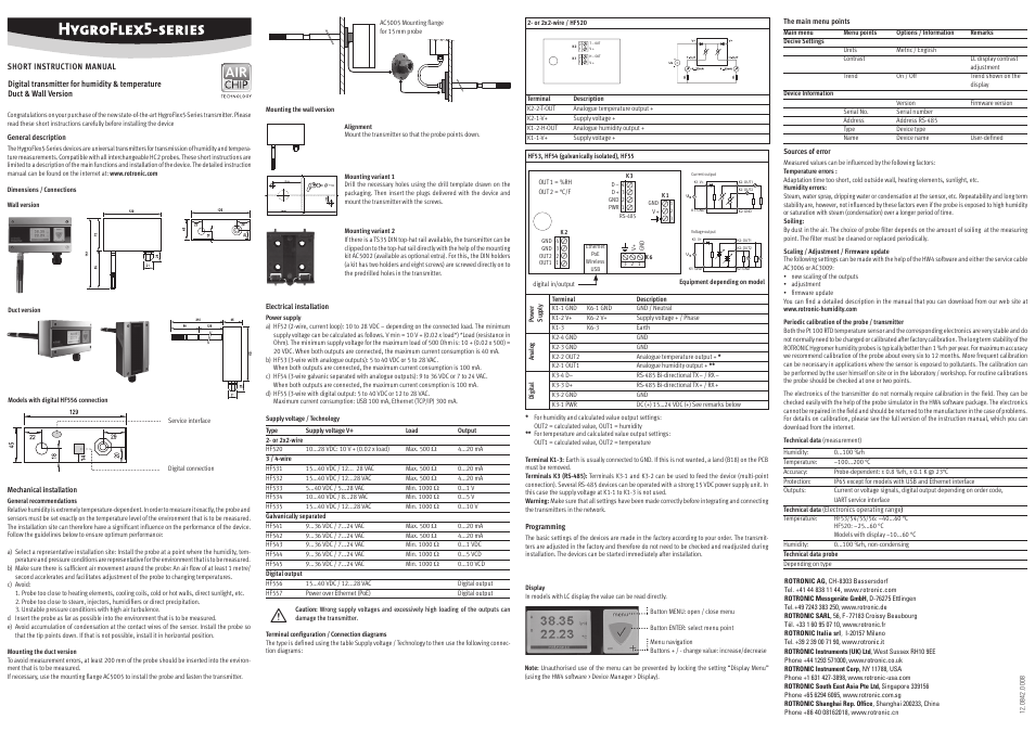 ROTRONIC HF5 User Manual | 4 pages