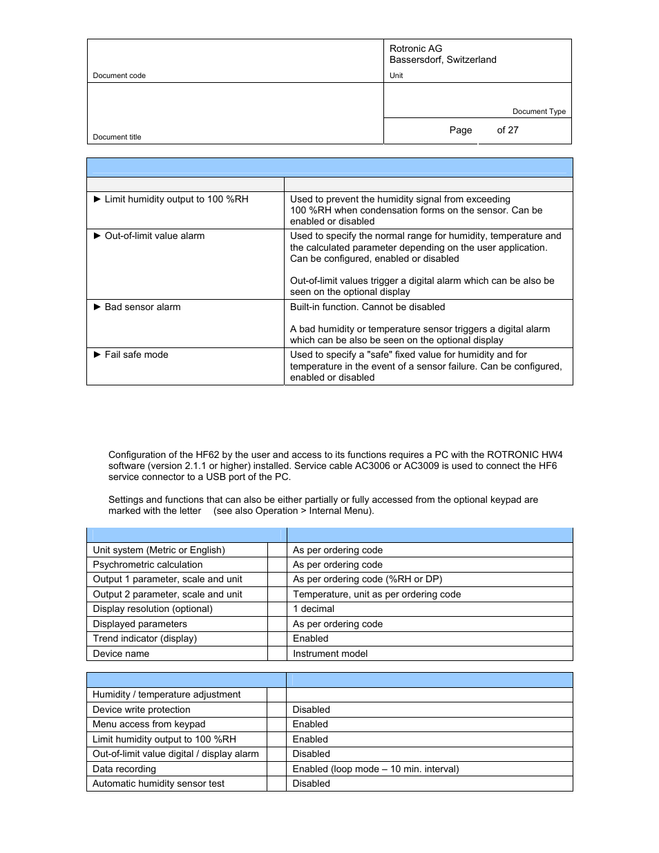 2 factory default settings, Factory default settings | ROTRONIC HF62 User Manual | Page 10 / 27
