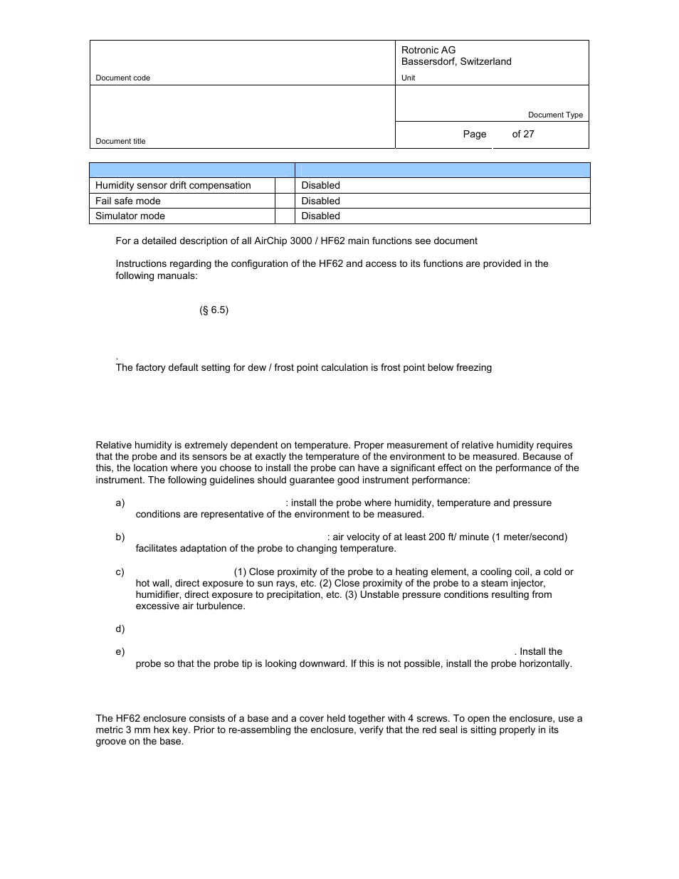 5 mechanical installation, 1 general guidelines, 2 hf62 enclosure | Mechanical installation, General guidelines, Hf62 enclosure, 5mechanical installation | ROTRONIC HF62 User Manual | Page 11 / 27