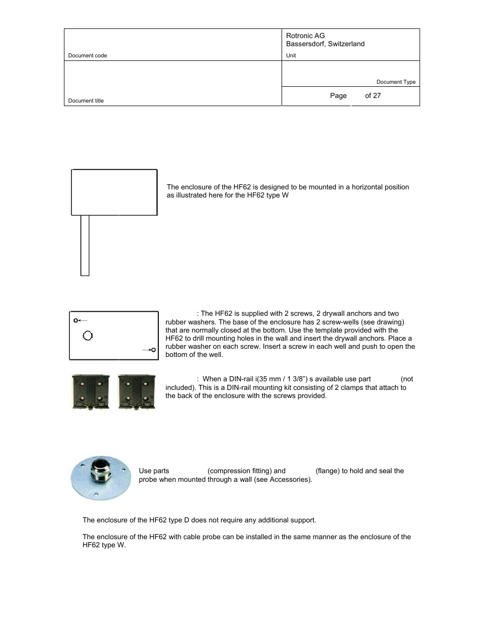 3 installation of the enclosure and probe, Installation of the enclosure and probe | ROTRONIC HF62 User Manual | Page 12 / 27