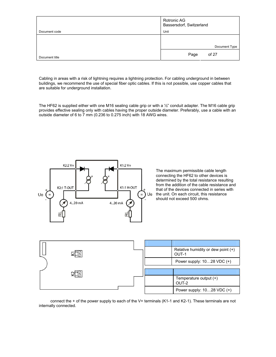 2 cable grip and cable specifications, 3 wiring, Cable grip and cable specifications | Wiring, 3 wiring 6.3.1 | ROTRONIC HF62 User Manual | Page 14 / 27