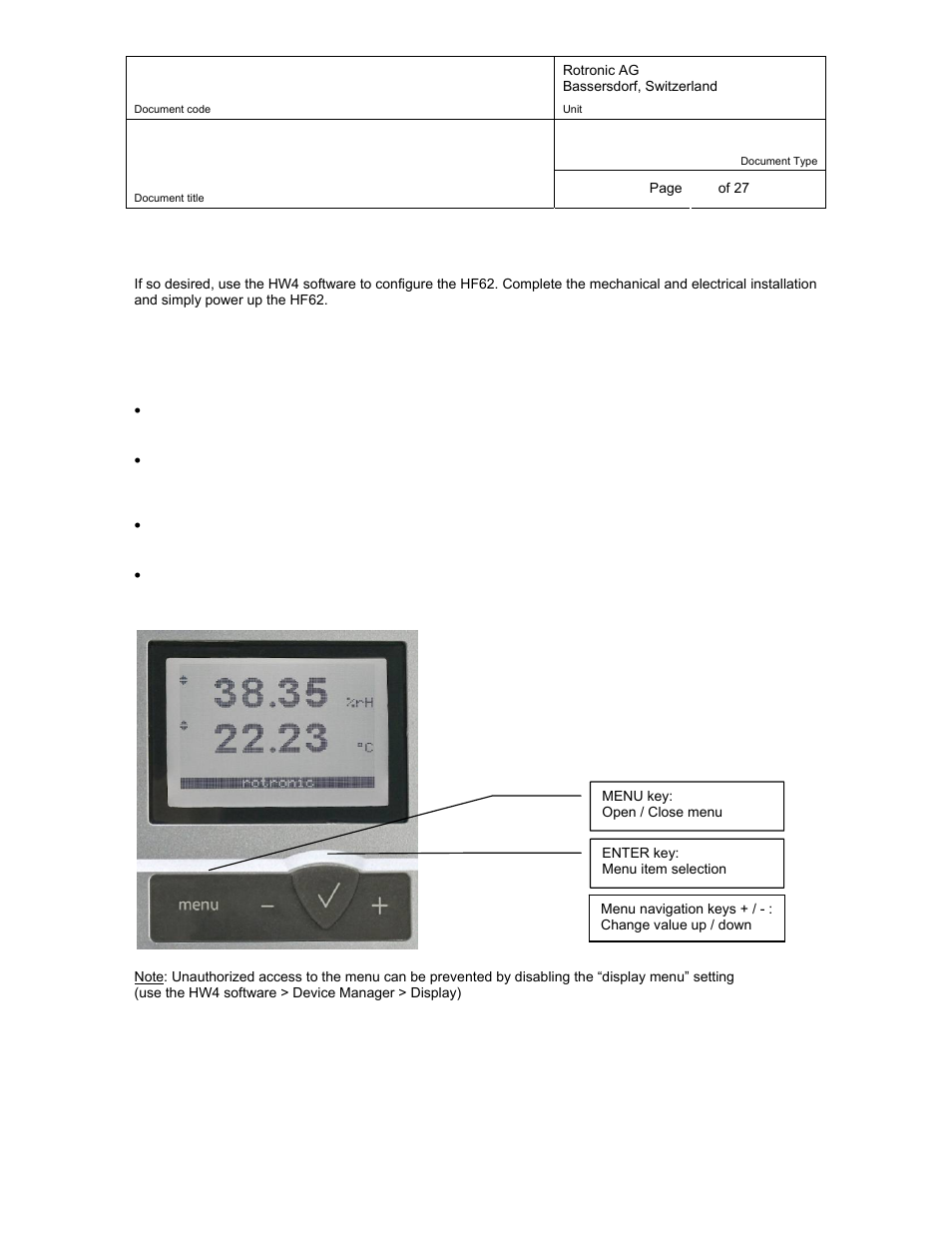 7 operation, 1 internal menu (optional keypad and display), Operation | Internal menu (optional keypad and display), 7operation | ROTRONIC HF62 User Manual | Page 16 / 27