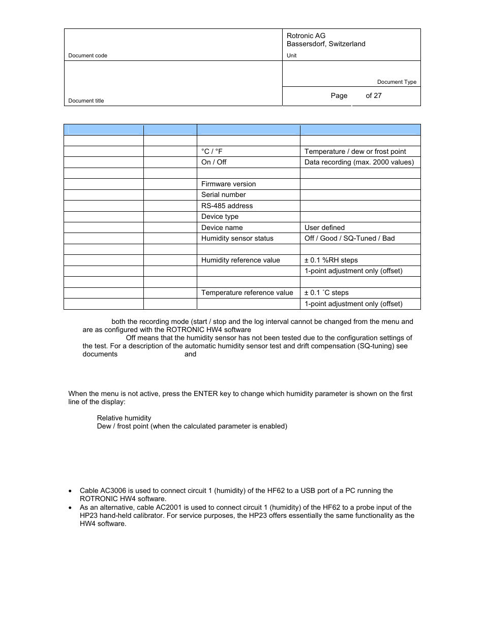 8 maintenance, 1 service cable, Displayed parameters (optional keypad and display) | Maintenance, Service cable, 8maintenance | ROTRONIC HF62 User Manual | Page 17 / 27