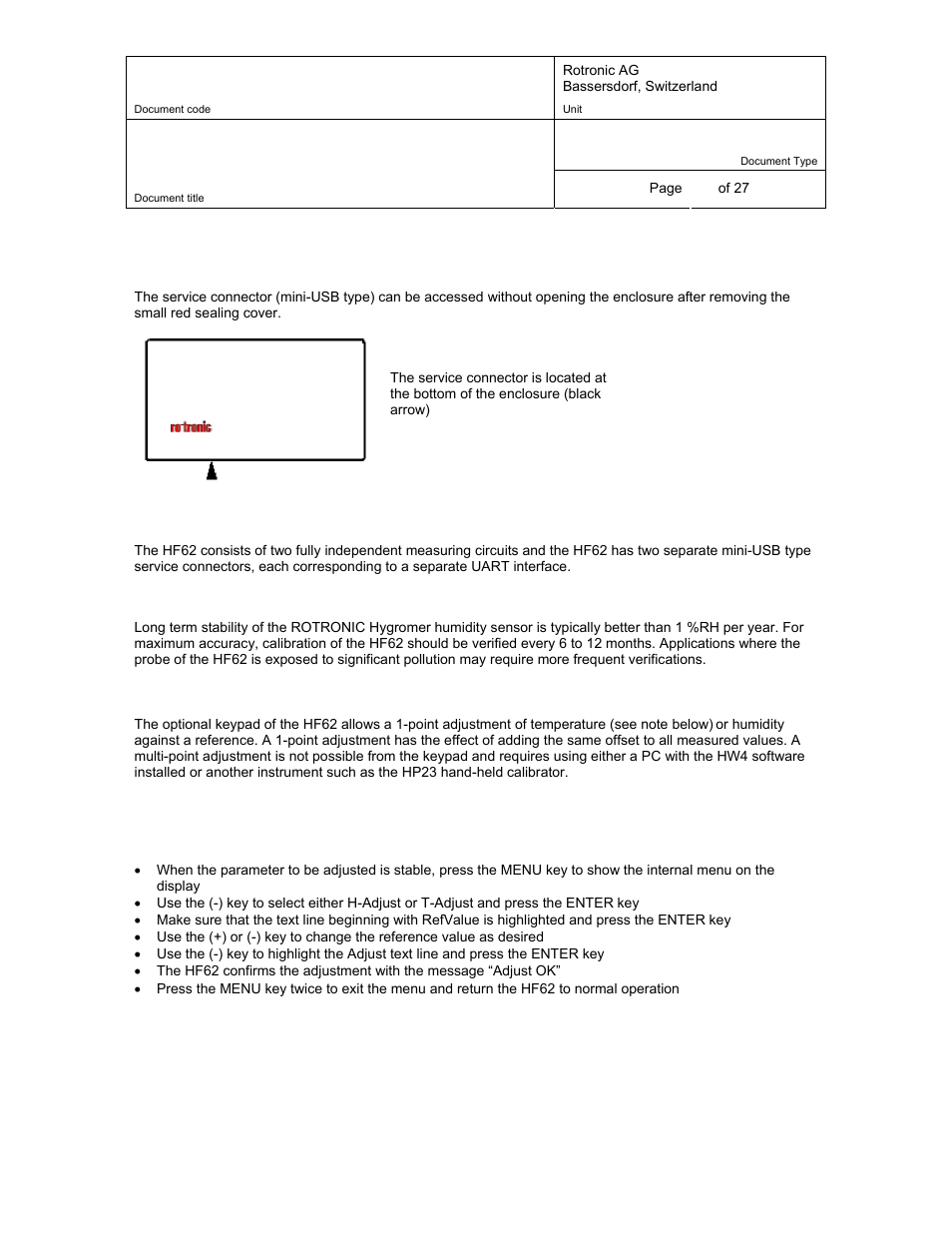 3 periodic calibration check, 1 circuit 1 (humidity), Location of circuit 1 (humidity) service connector | Periodic calibration check | ROTRONIC HF62 User Manual | Page 18 / 27