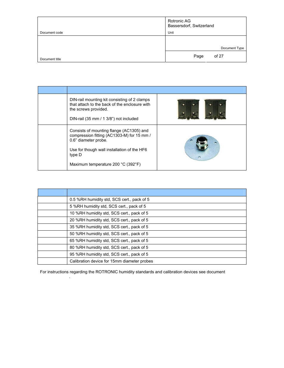 3 mounting hardware, 4 calibration accessories, Mounting hardware | Calibration accessories | ROTRONIC HF62 User Manual | Page 25 / 27