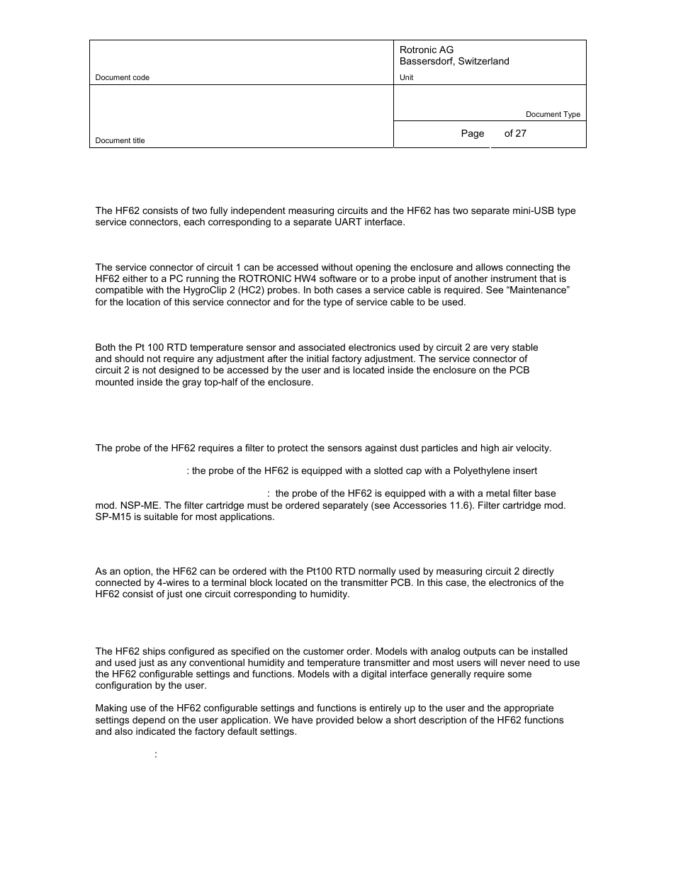 5 service connectors, 6 sensor protection (dust filter), 7 direct rtd option | 4 user configurable settings and functions, Service connectors, Sensor protection (dust filter), Direct rtd option, User configurable settings and functions, 4user configurable settings and functions | ROTRONIC HF62 User Manual | Page 8 / 27