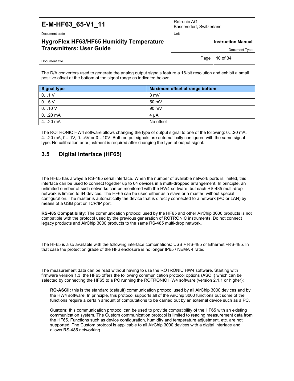 Digital interface (hf65), 5 digital interface (hf65) | ROTRONIC HF65 User Manual | Page 10 / 34