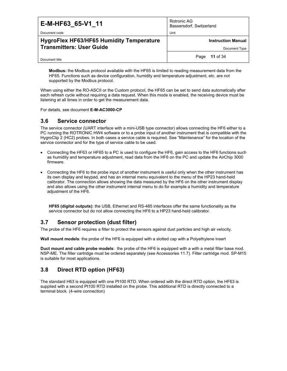 Service connector, Sensor protection (dust filter), Direct rtd option (hf63) | 6 service connector, 7 sensor protection (dust filter), 8 direct rtd option (hf63) | ROTRONIC HF65 User Manual | Page 11 / 34