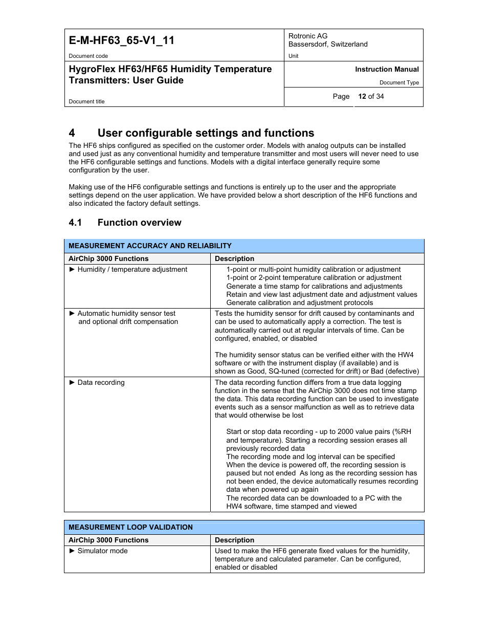 User configurable settings and functions, Function overview, 4user configurable settings and functions | 1 function overview | ROTRONIC HF65 User Manual | Page 12 / 34