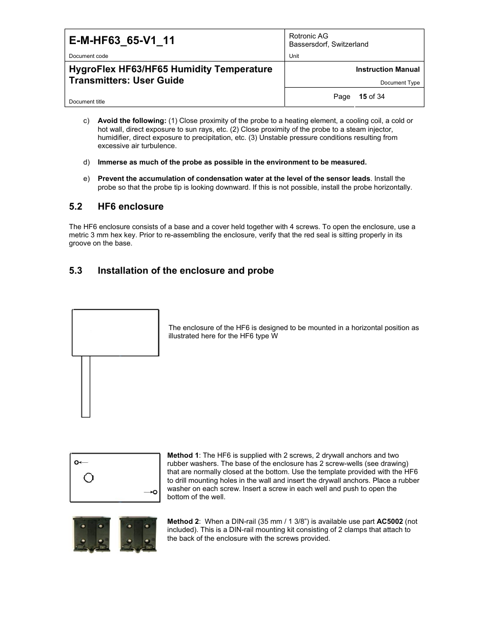 Hf6 enclosure, Installation of the enclosure and probe, 2 hf6 enclosure | 3 installation of the enclosure and probe | ROTRONIC HF65 User Manual | Page 15 / 34