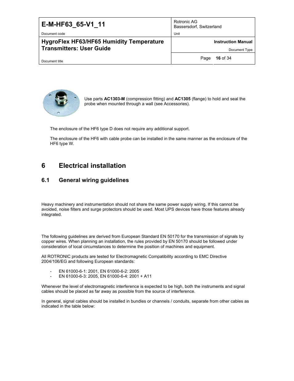 Electrical installation, General wiring guidelines, 6electrical installation | ROTRONIC HF65 User Manual | Page 16 / 34