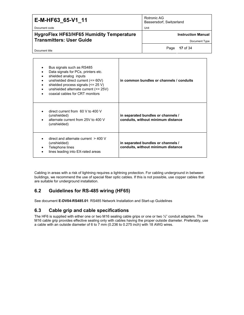 Guidelines for rs-485 wiring (hf65), Cable grip and cable specifications, 3 cable grip and cable specifications | ROTRONIC HF65 User Manual | Page 17 / 34