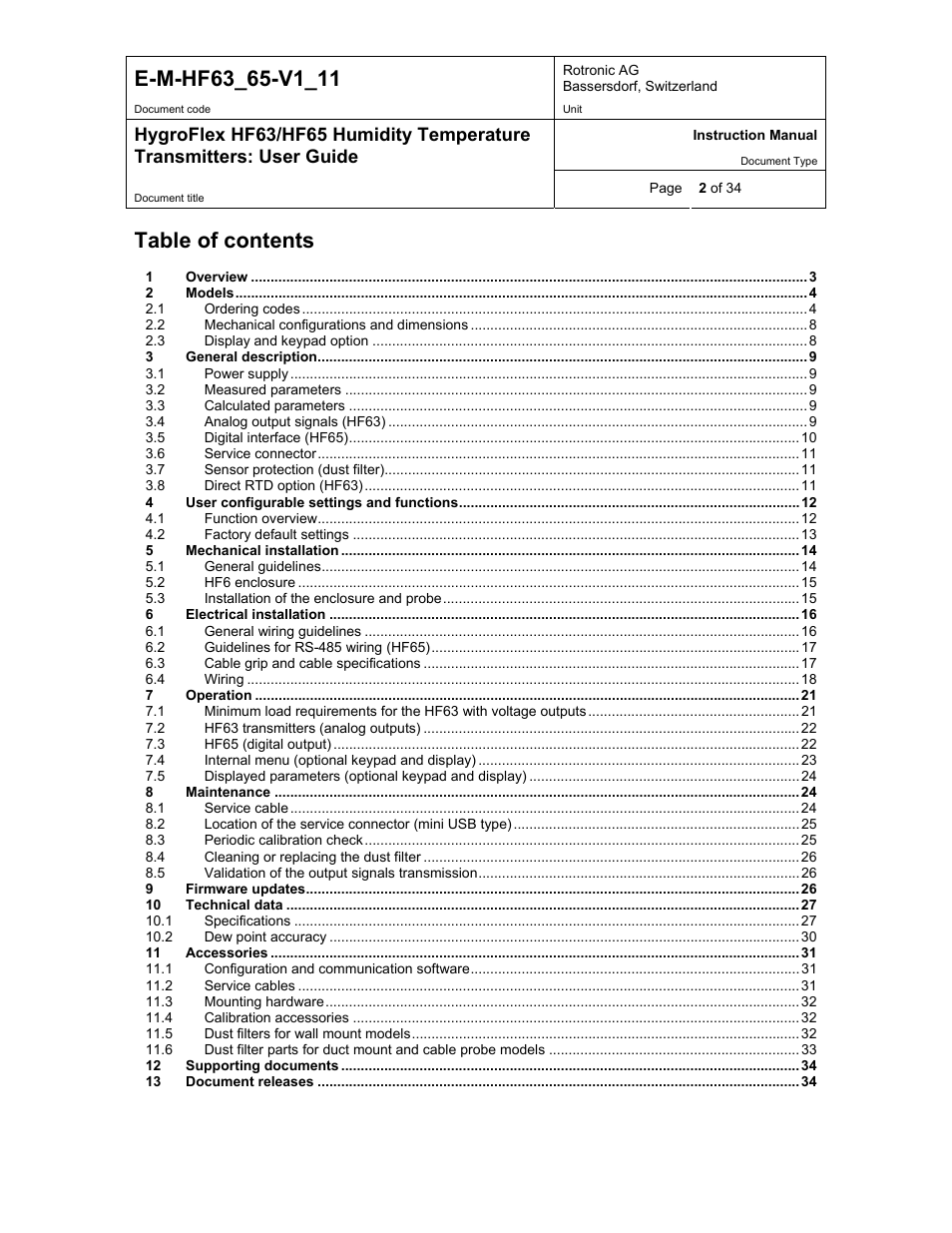 ROTRONIC HF65 User Manual | Page 2 / 34