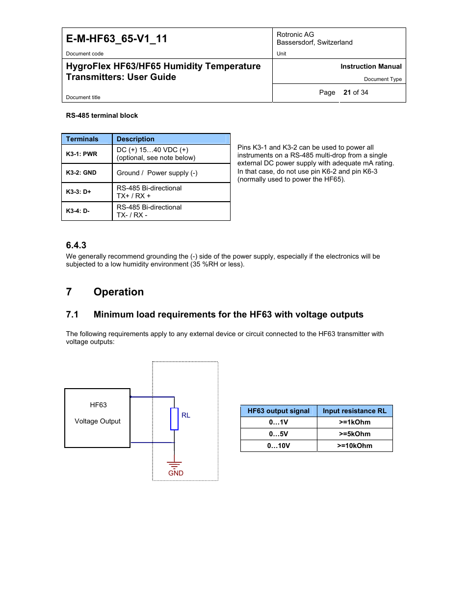 Grounding (all models), Operation, 7operation | ROTRONIC HF65 User Manual | Page 21 / 34