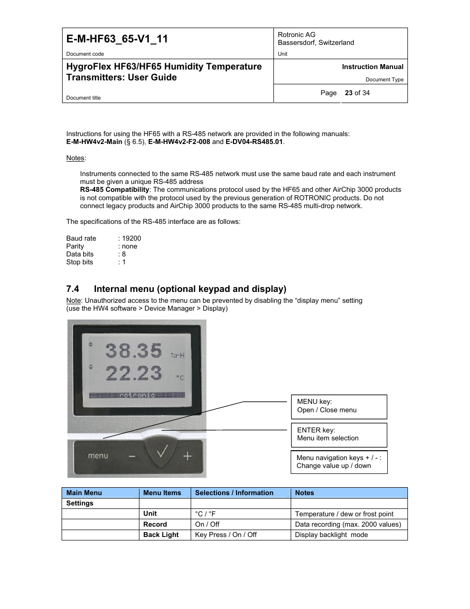 Internal menu (optional keypad and display), 4 internal menu (optional keypad and display) | ROTRONIC HF65 User Manual | Page 23 / 34