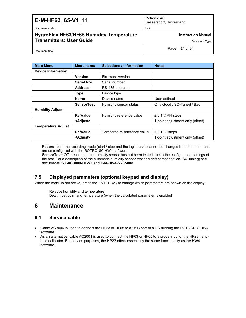 Displayed parameters (optional keypad and display), Maintenance, Service cable | 8maintenance, 1 service cable | ROTRONIC HF65 User Manual | Page 24 / 34