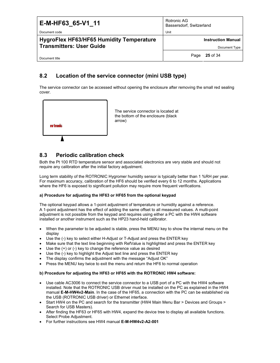 Location of the service connector (mini usb type), Periodic calibration check, 3 periodic calibration check | ROTRONIC HF65 User Manual | Page 25 / 34