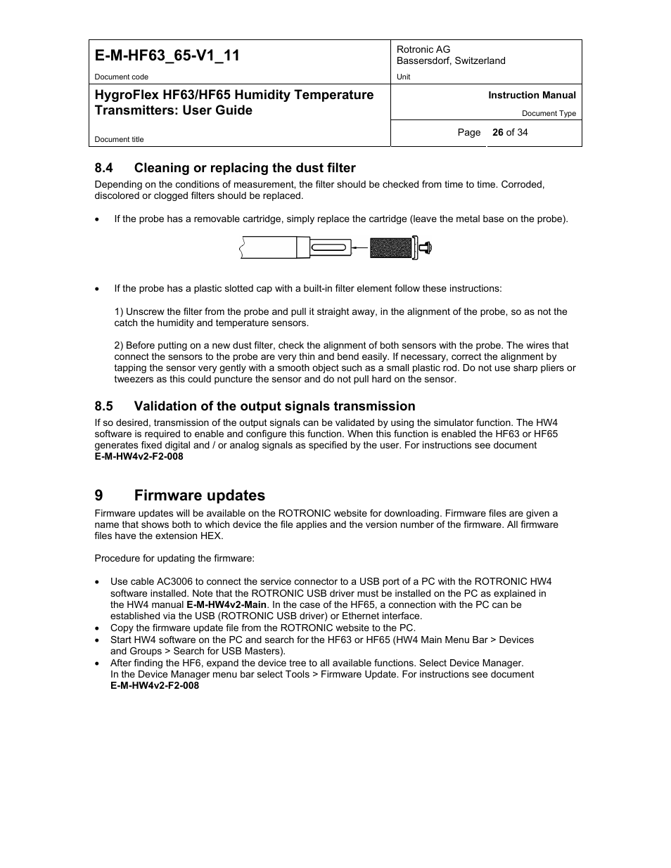 Cleaning or replacing the dust filter, Validation of the output signals transmission, Firmware updates | 9firmware updates | ROTRONIC HF65 User Manual | Page 26 / 34
