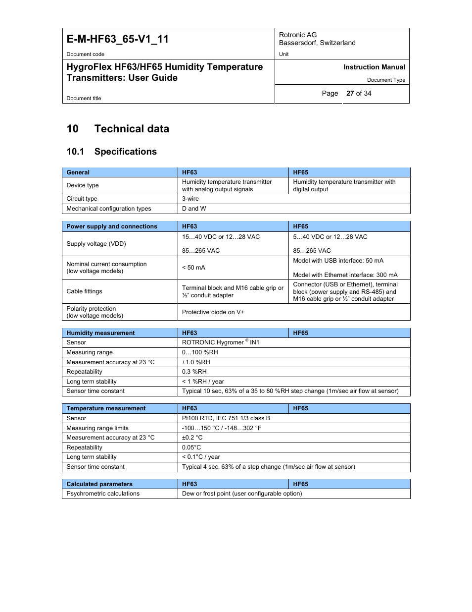 Technical data, Specifications, 10 technical data | 1 specifications | ROTRONIC HF65 User Manual | Page 27 / 34