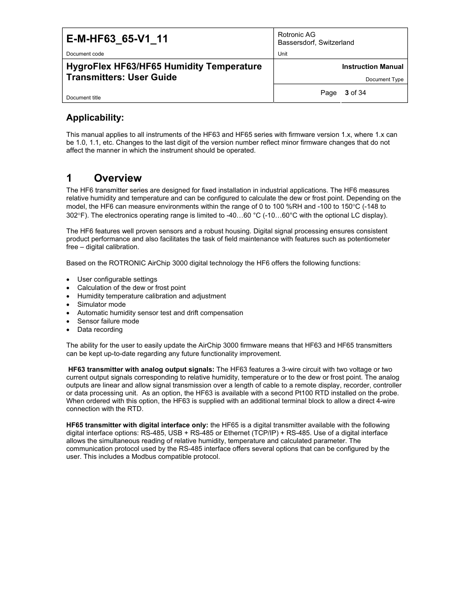Overview, 1overview, Applicability | ROTRONIC HF65 User Manual | Page 3 / 34