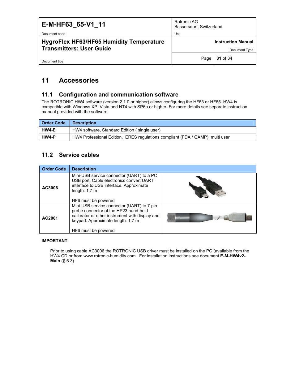 Accessories, Configuration and communication software, Service cables | 11 accessories, 1 configuration and communication software, 2 service cables | ROTRONIC HF65 User Manual | Page 31 / 34