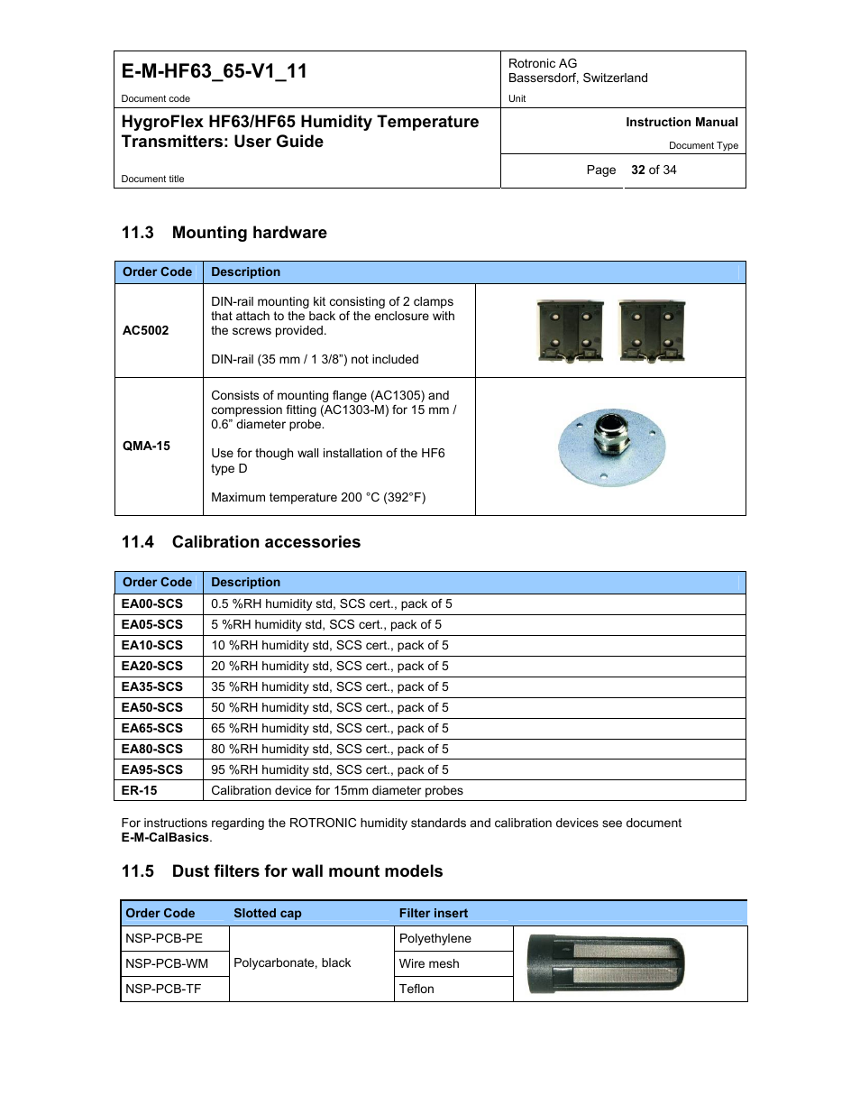 Mounting hardware, Calibration accessories, Dust filters for wall mount models | 3 mounting hardware, 4 calibration accessories, 5 dust filters for wall mount models | ROTRONIC HF65 User Manual | Page 32 / 34
