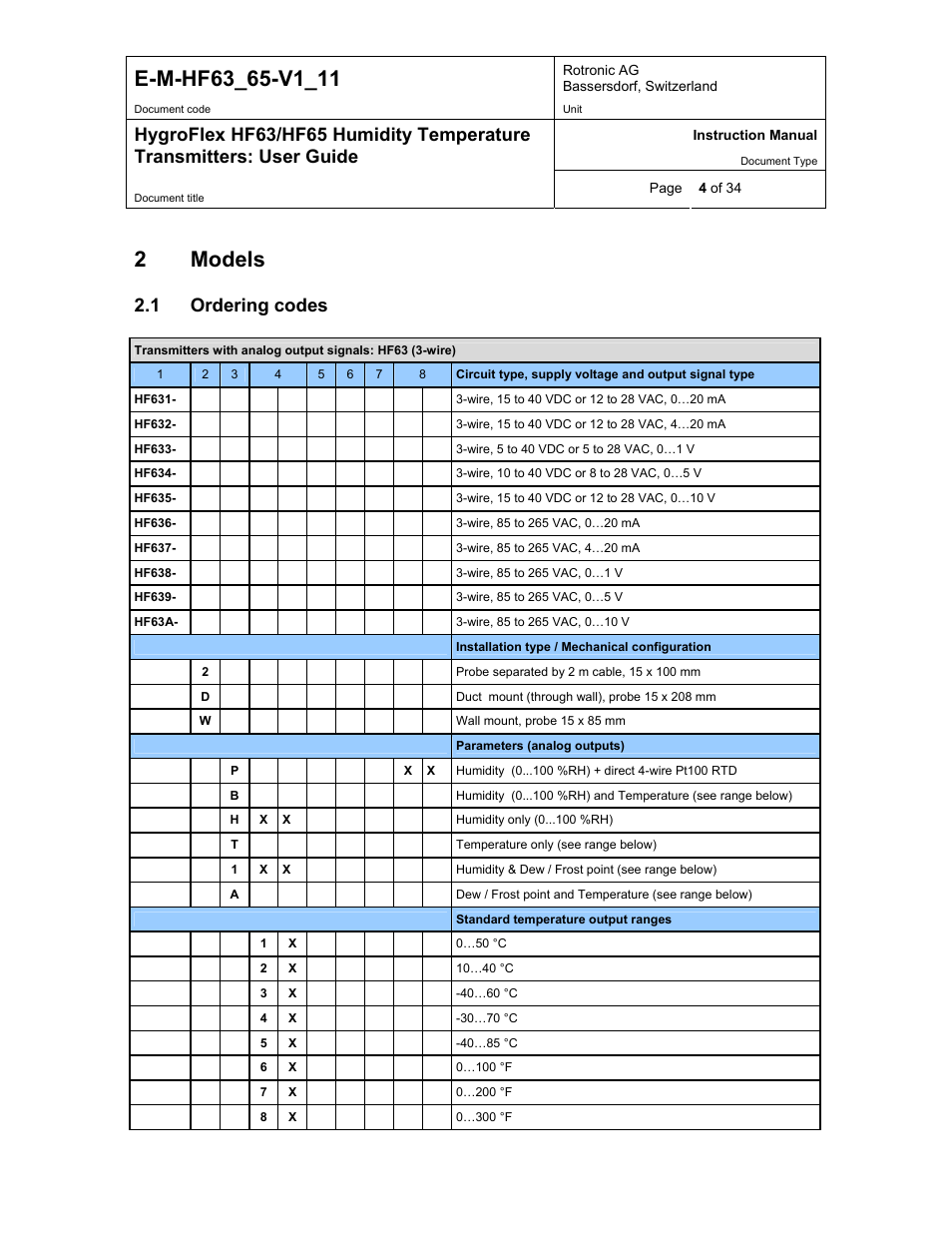 Models, Ordering codes, 2models | 1 ordering codes | ROTRONIC HF65 User Manual | Page 4 / 34