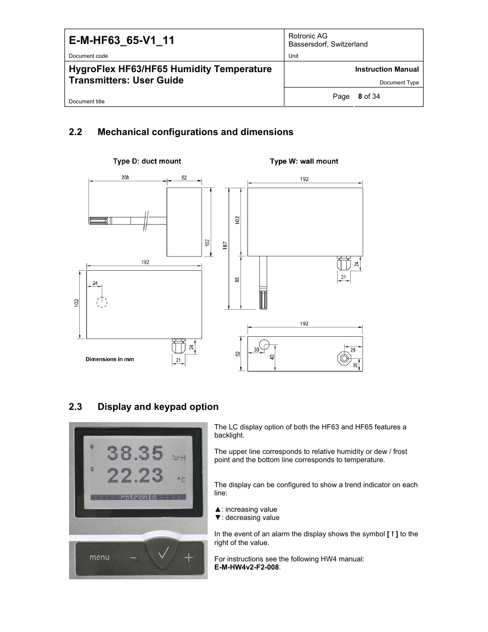 Mechanical configurations and dimensions, Display and keypad option | ROTRONIC HF65 User Manual | Page 8 / 34