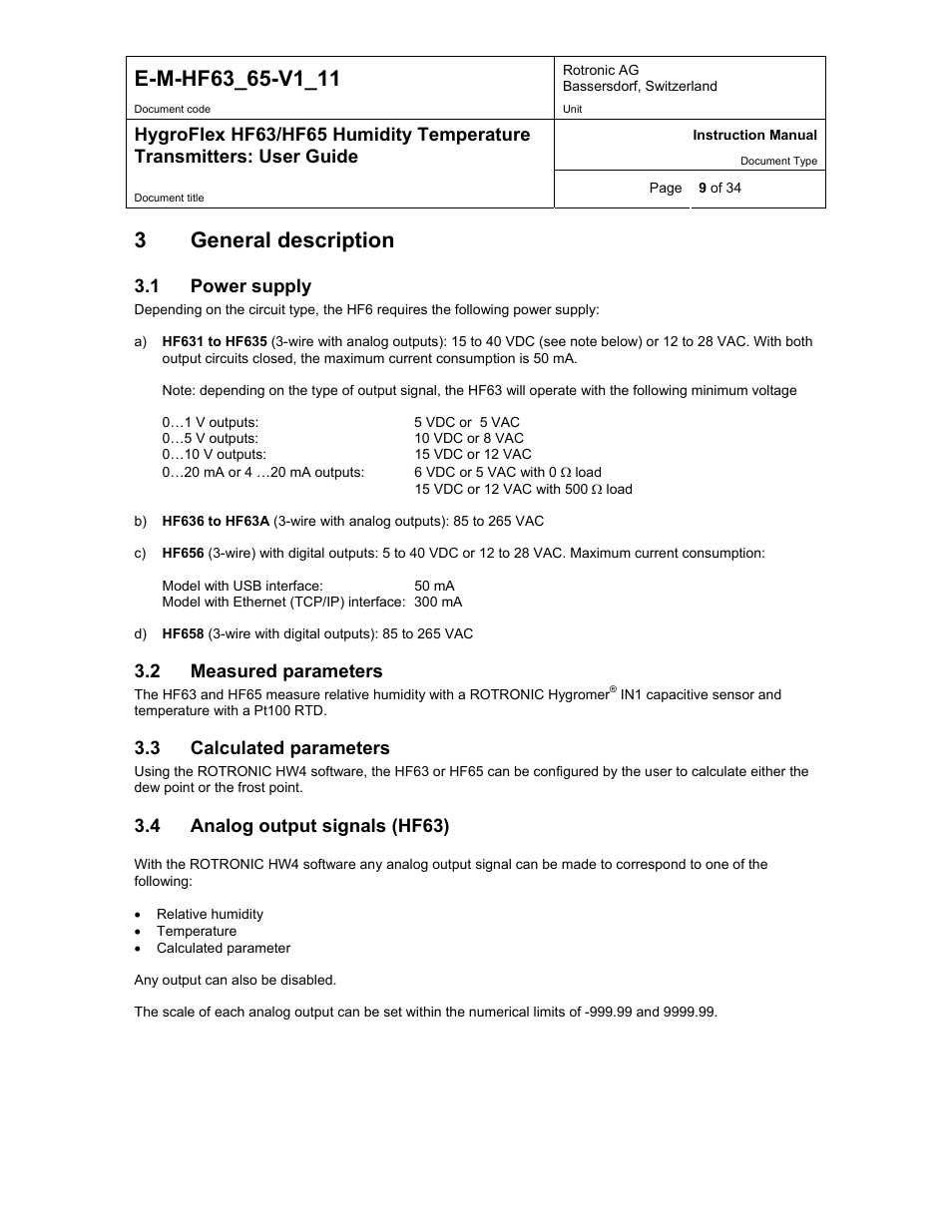 General description, Power supply, Measured parameters | Calculated parameters, Analog output signals (hf63), 3general description, 1 power supply, 2 measured parameters, 3 calculated parameters, 4 analog output signals (hf63) | ROTRONIC HF65 User Manual | Page 9 / 34