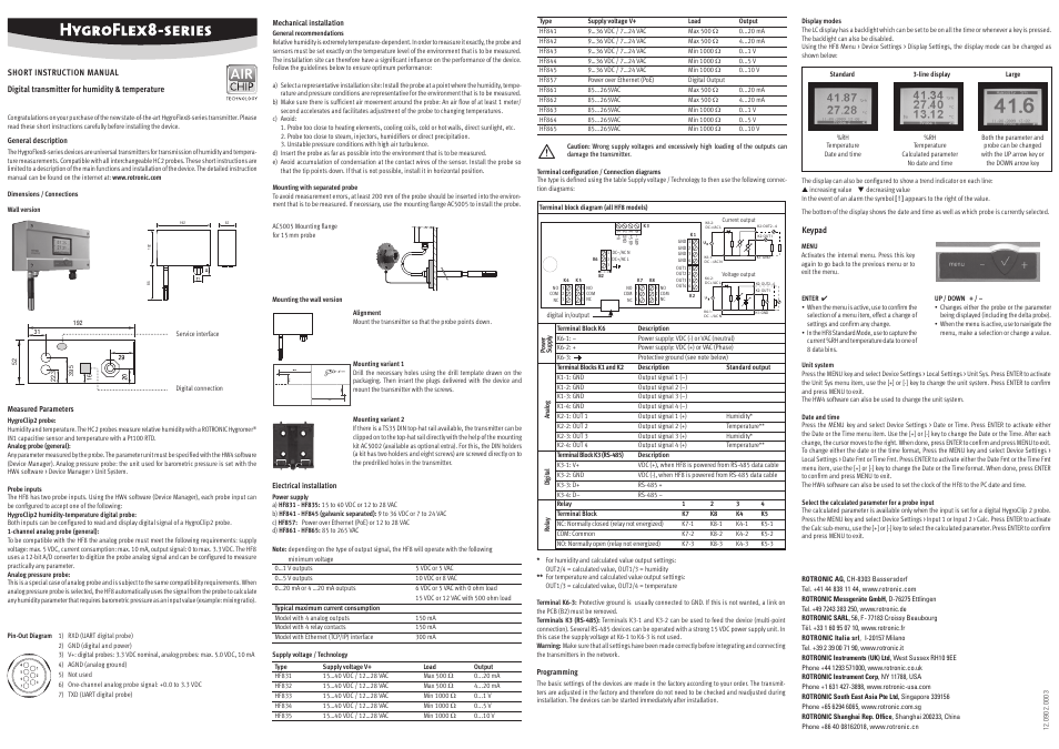 ROTRONIC HF8 User Manual | 4 pages