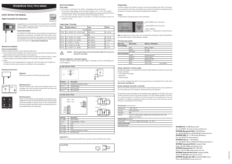 ROTRONIC TF5 User Manual | 4 pages