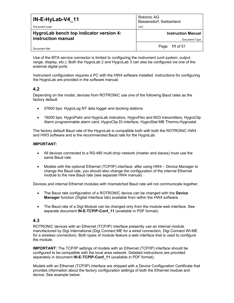 Baud rate compatibility requirements, Ethernet local area network, In-e-hylab-v4_11 | ROTRONIC HygroLab User Manual | Page 11 / 51