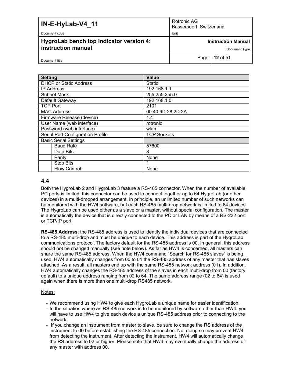 Rs-485 multi-drop network (hygrolab 2 and 3), In-e-hylab-v4_11 | ROTRONIC HygroLab User Manual | Page 12 / 51