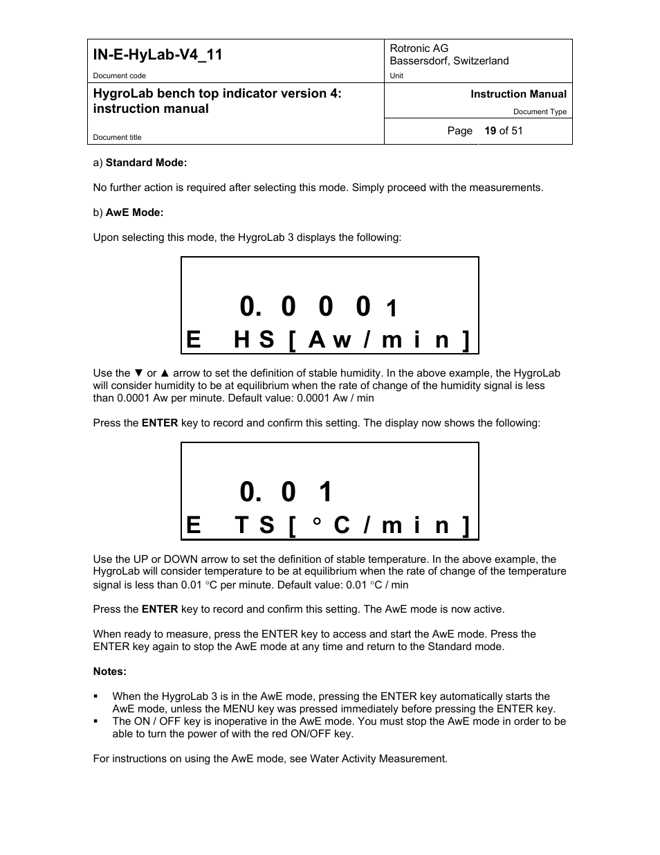 E h s [ a w / m i n, E t s [ ° c / m i n | ROTRONIC HygroLab User Manual | Page 19 / 51