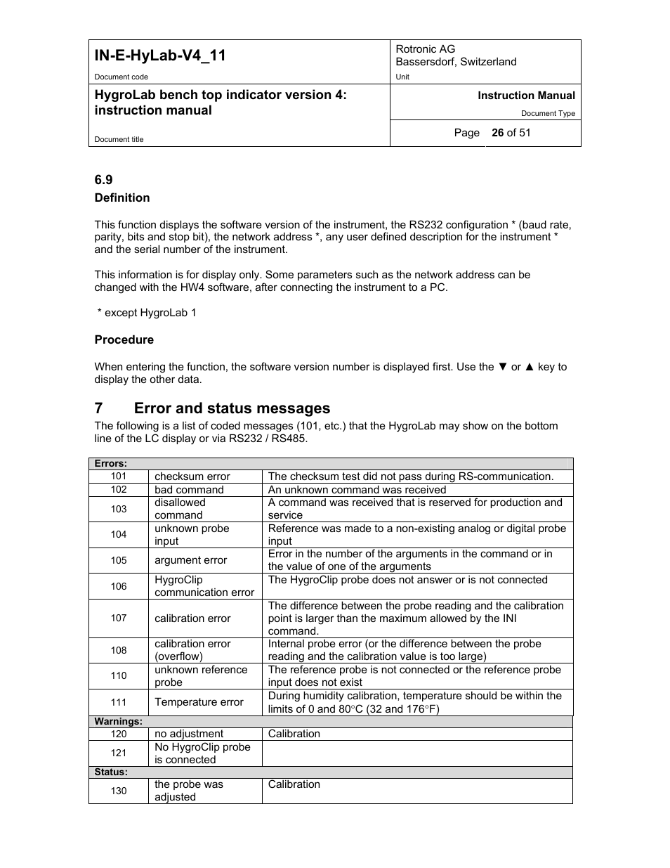 Sys status, Error and status messages, In-e-hylab-v4_11 | 7error and status messages | ROTRONIC HygroLab User Manual | Page 26 / 51