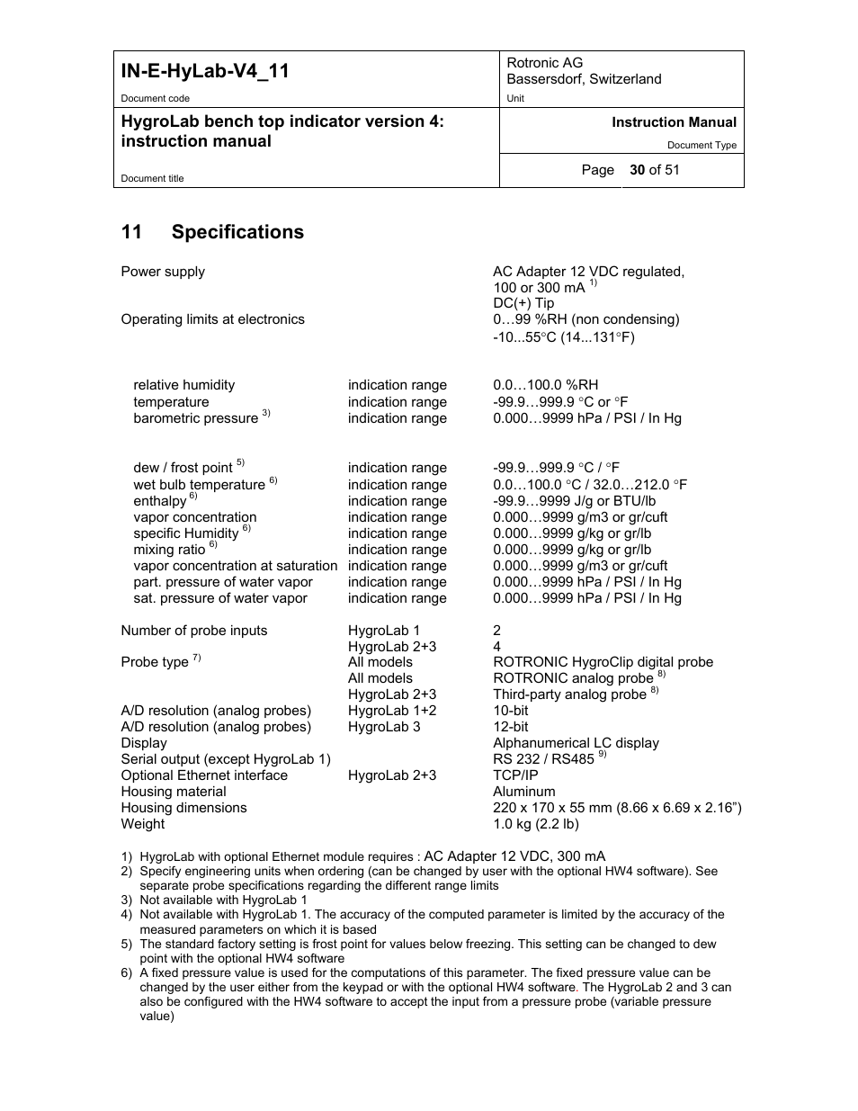 Specifications, Measured parameters 2), Calculated parameters 2) 4) | In-e-hylab-v4_11, 11 specifications | ROTRONIC HygroLab User Manual | Page 30 / 51